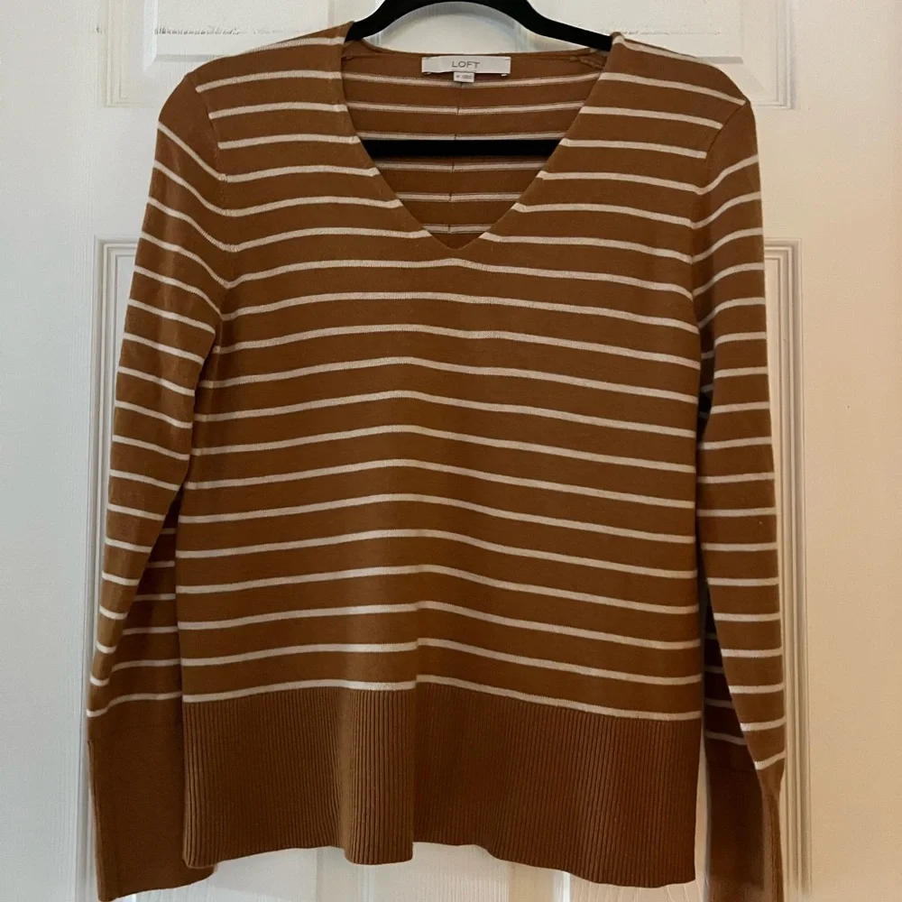 LOFT Striped V-Neck Sweater in Camel and White